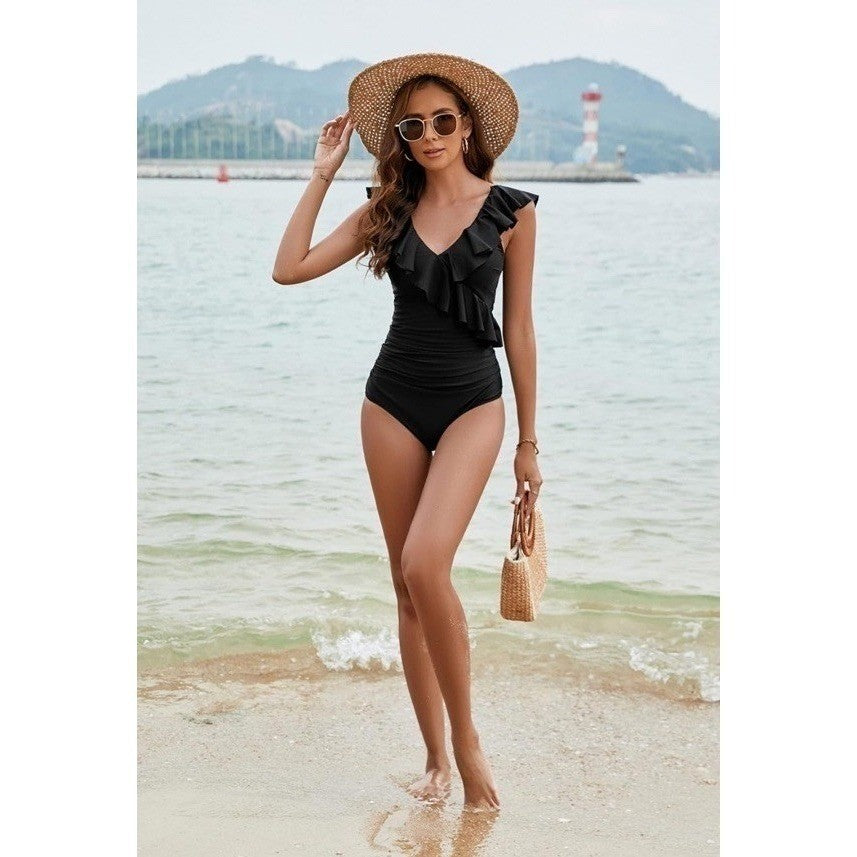 NWOT Womens Black One Piece Swimsuit Ruffle V Neck Ruched Tummy Control