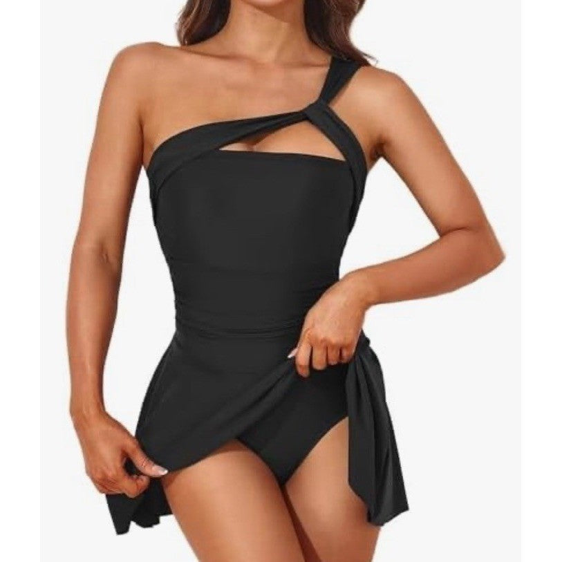 NWOT Womens Black One Shoulder Ruched Skirted Swim Dress One Piece Swimsuit xl