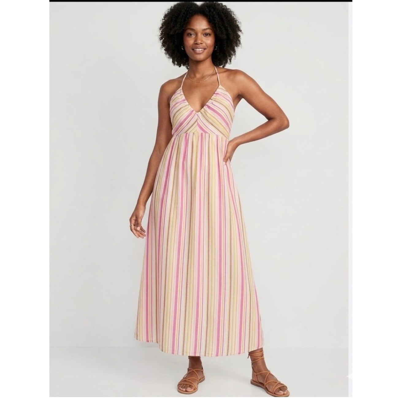 Old Navy XXL Pink Yellow Striped Halter Midi Sundress Smocked Cotton Lined 1166