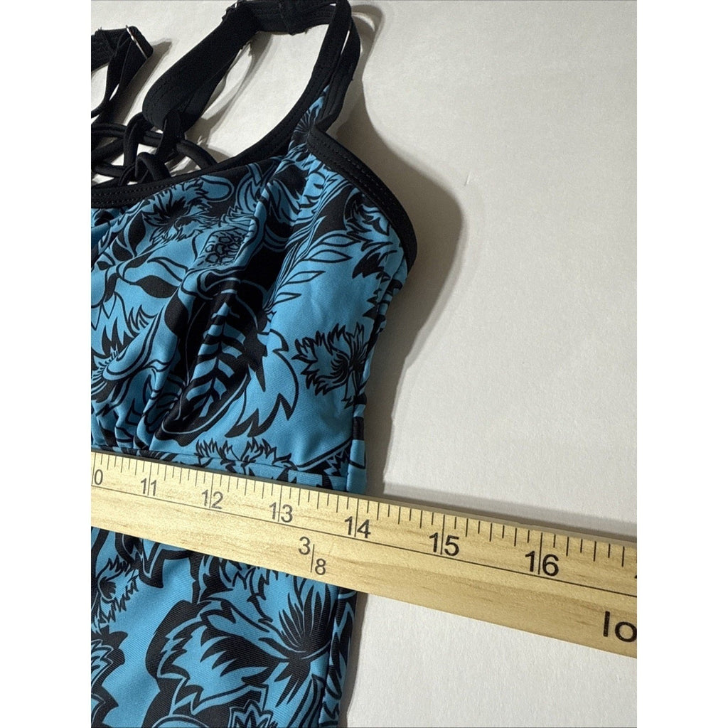 NWT Yonique Womens Blue Black Floral Paisley Tankini Top Strappy Back Small NWT