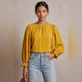 Eva Mendes NY&Co Mustard Yellow Pleated Puff Sleeve Blouse XS VN130007