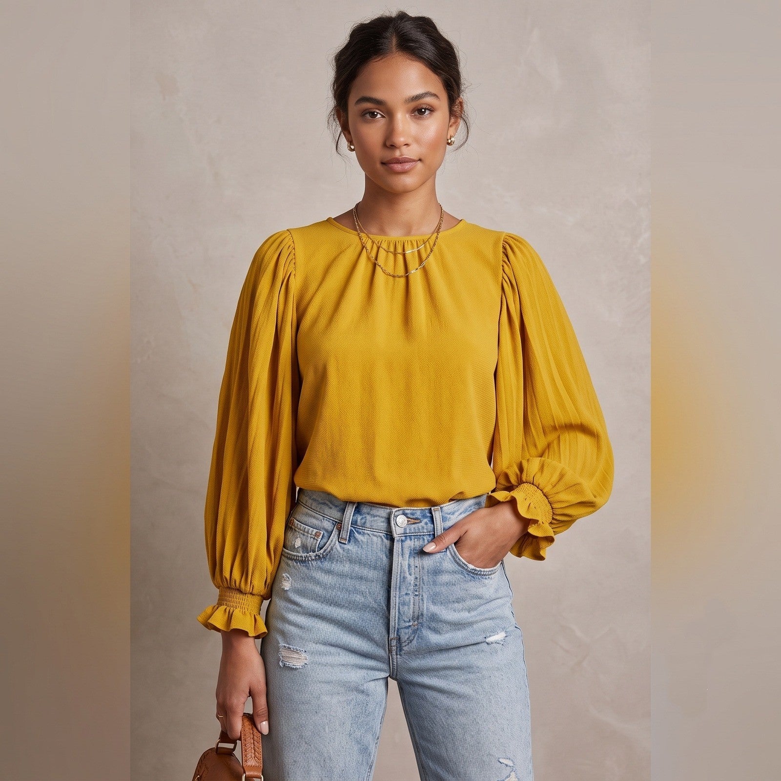 Eva Mendes NY&Co Mustard Yellow Pleated Puff Sleeve Blouse XS VN130007