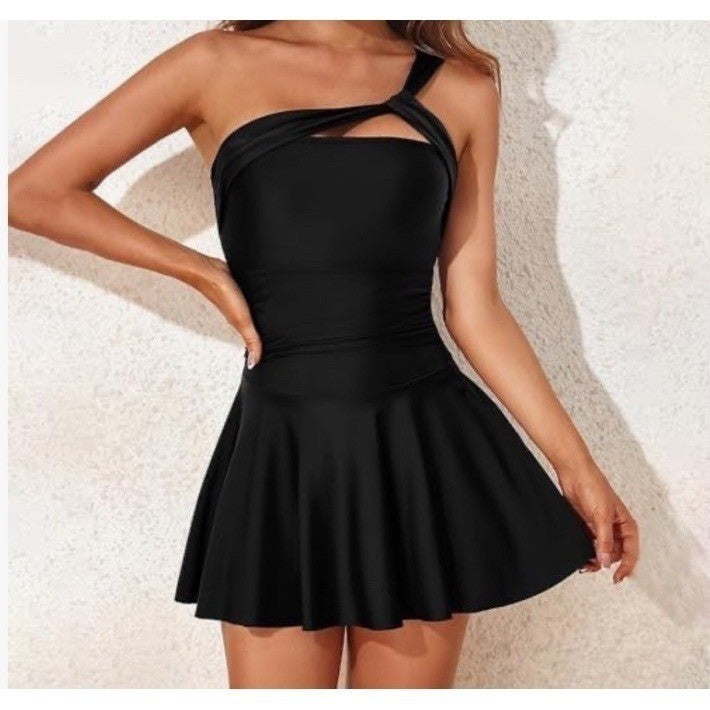 NWOT Womens Black One Shoulder Ruched Skirted Swim Dress One Piece Swimsuit xl