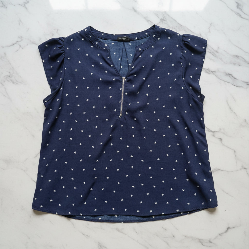Perch by Blu Pepper Navy Blue Bird Print Half Zip Blouse Top Womens Size 2XL
