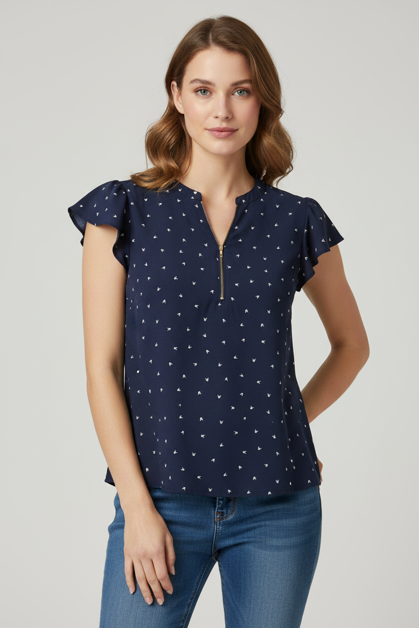 Perch by Blu Pepper Navy Blue Bird Print Half Zip Blouse Top Womens Size 2XL