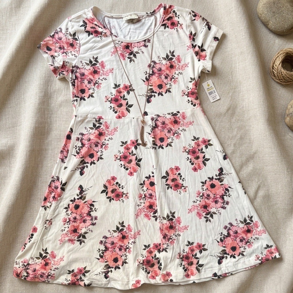Bobbie Brooks Floral Fit and Flare Dress Cream Pink Short Sleeve Size M NWT