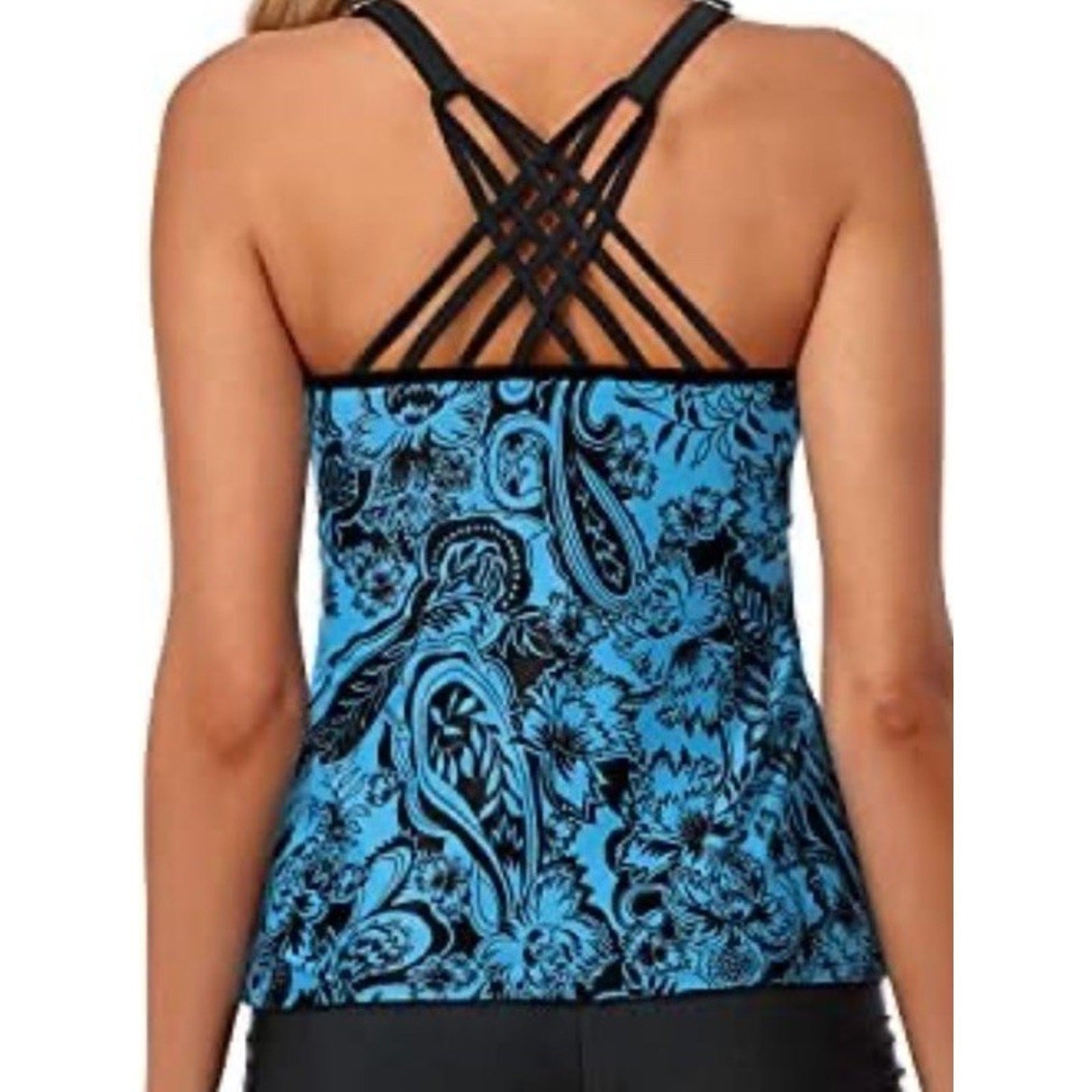 NWT Yonique Womens Blue Black Floral Paisley Tankini Top Strappy Back Small NWT
