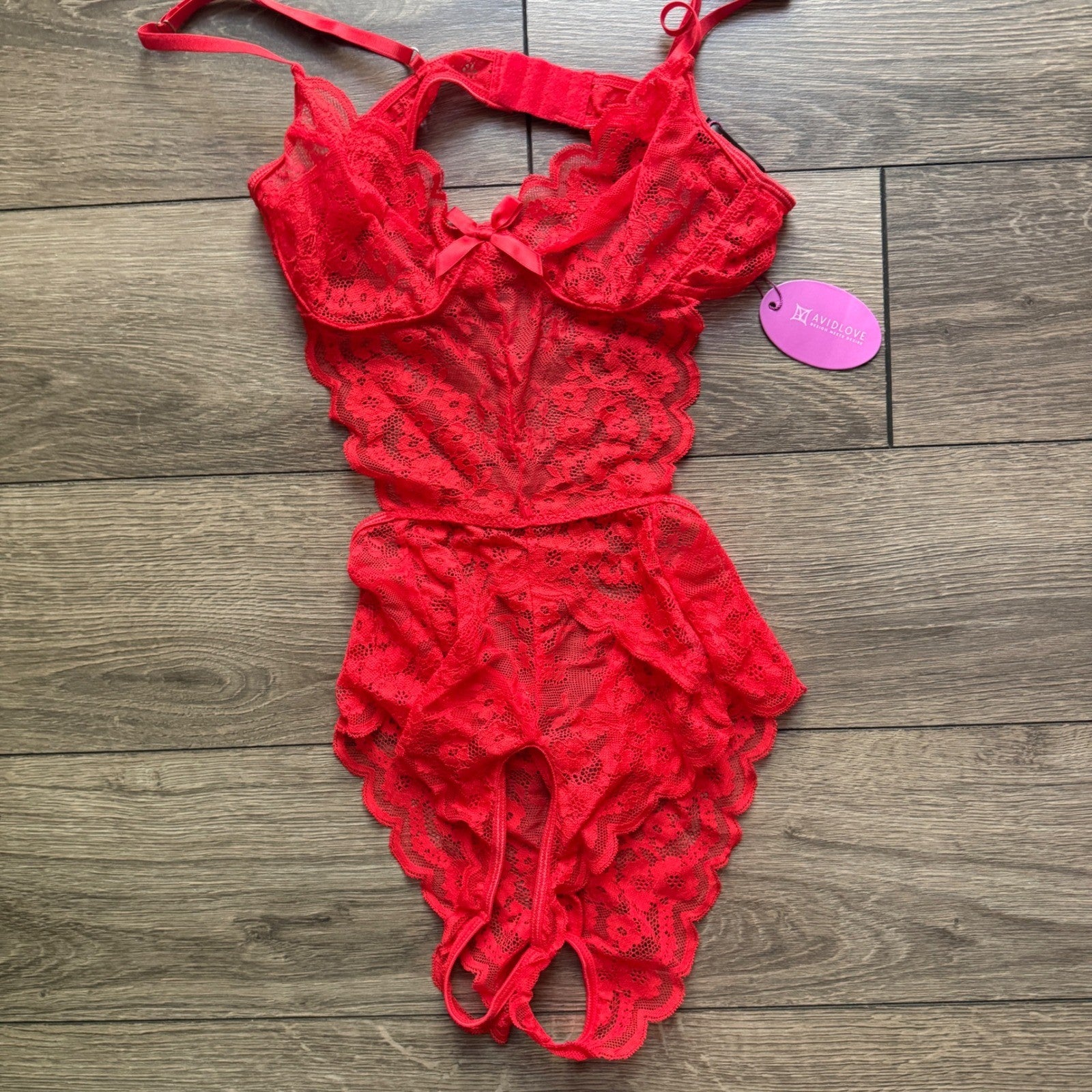 Avidlove Red Lace Teddy Bodysuit Floral Cutout Lingerie Small NWT
