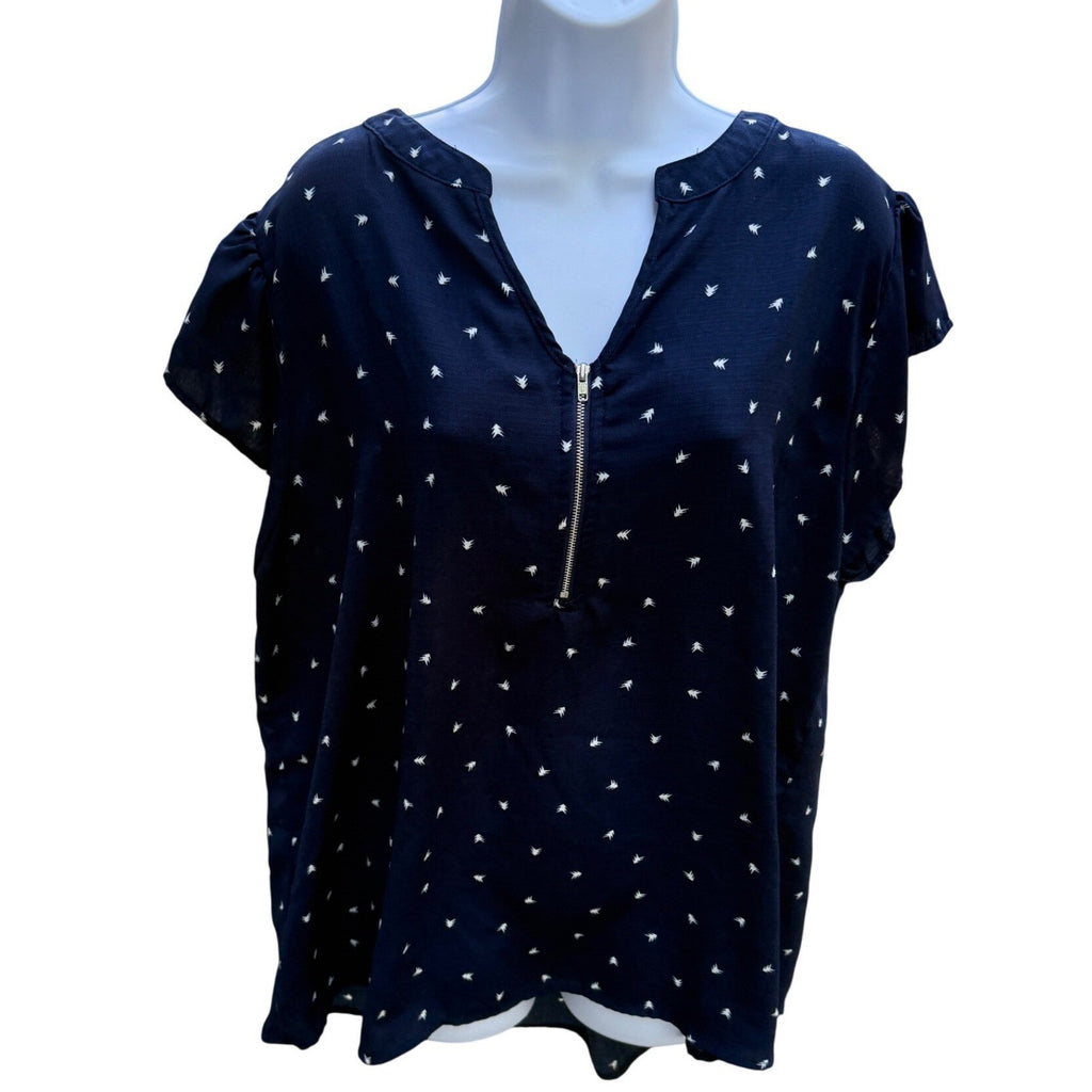 Perch by Blu Pepper Navy Blue Bird Print Half Zip Blouse Top Womens Size 2XL