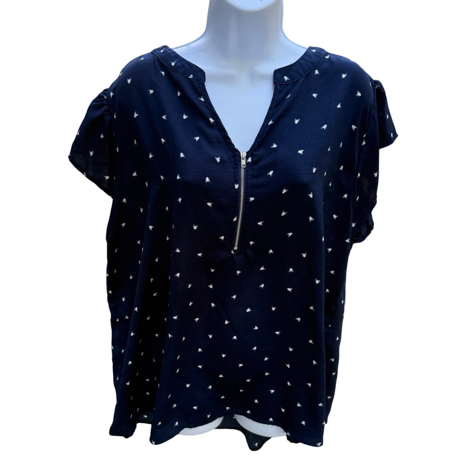 Perch by Blu Pepper Navy Blue Bird Print Half Zip Blouse Top Womens Size 2XL