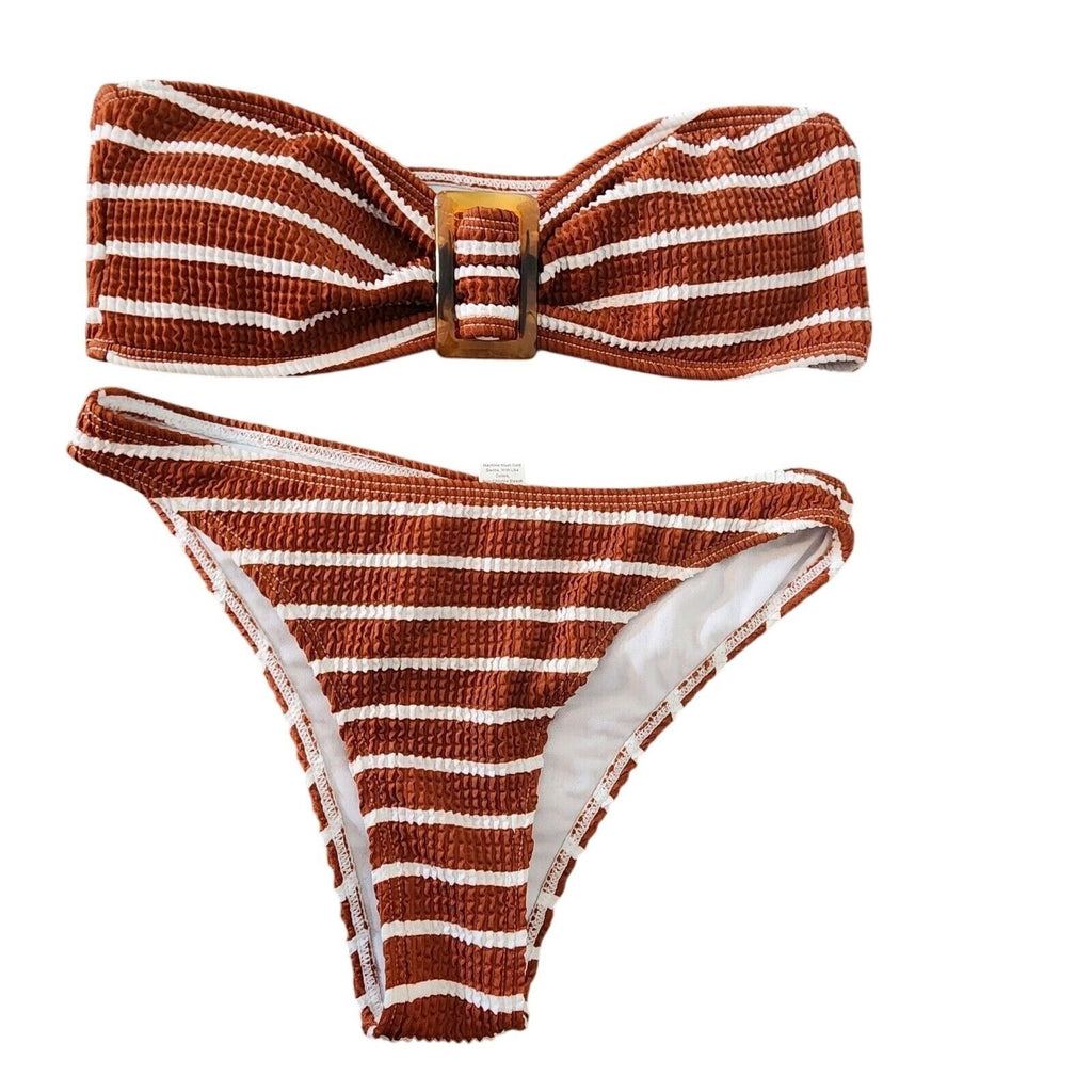 NWOT Striped Strapless Bikini Set Tan White Buckle Padded Womens Swimwear Size S