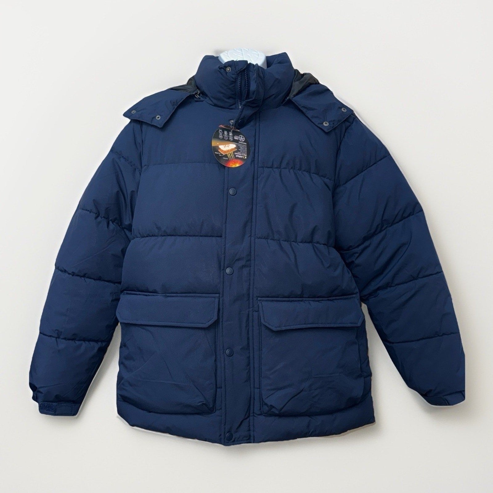 NWT Swiss Tech Mens Navy Blue Puffer Jacket Performance Gear Hooded Parka small