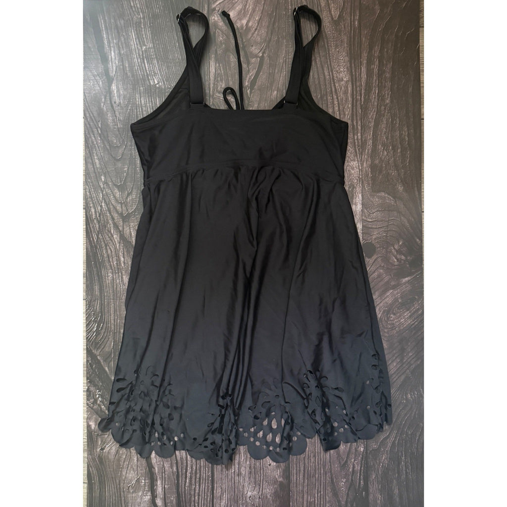 BloomChic Black Laser Cut Eyelet Swim Dress Adjustable Strap Padded US 10 NEW
