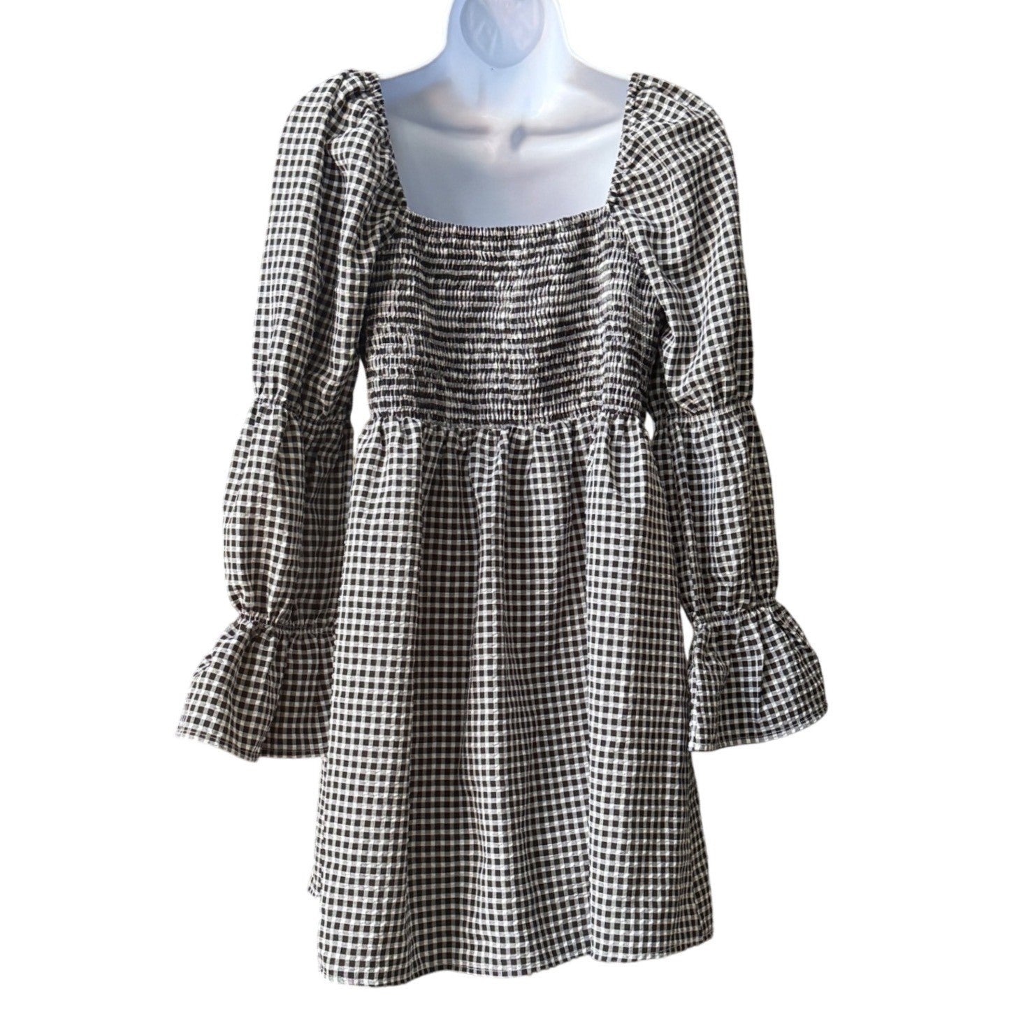 Atmos&Here Gingham Smocked Mini Dress Black White Square Neck Puff Sleeve