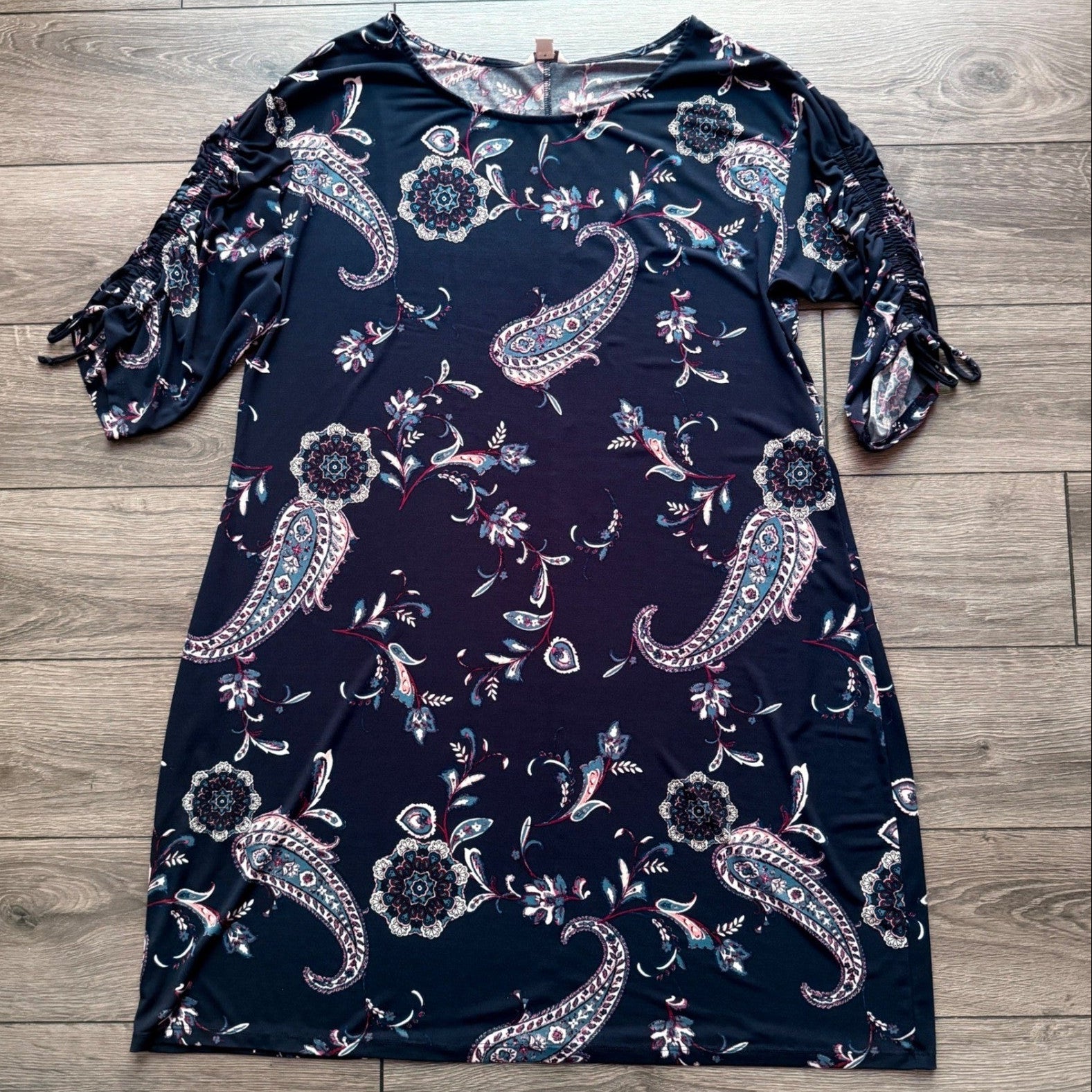 Womens EST. 1946 CATO XL Navy Blue Paisley Floral Ruched Sleeve Shift Dress