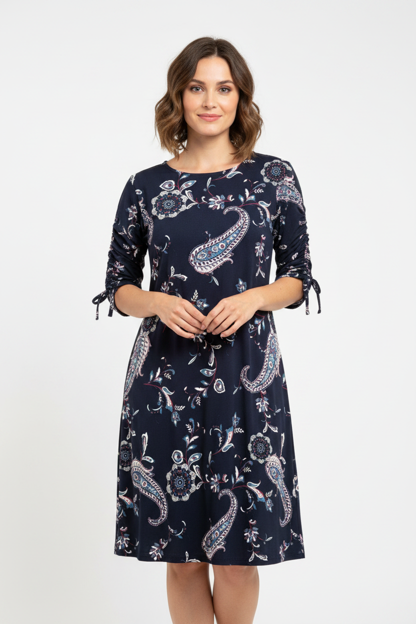 Womens EST. 1946 CATO XL Navy Blue Paisley Floral Ruched Sleeve Shift Dress