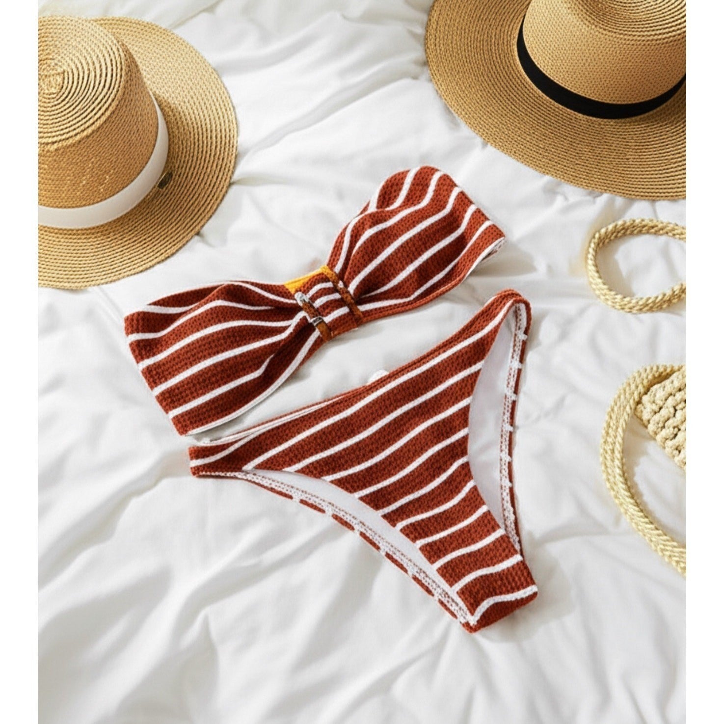 NWOT Striped Strapless Bikini Set Tan White Buckle Padded Womens Swimwear Size S