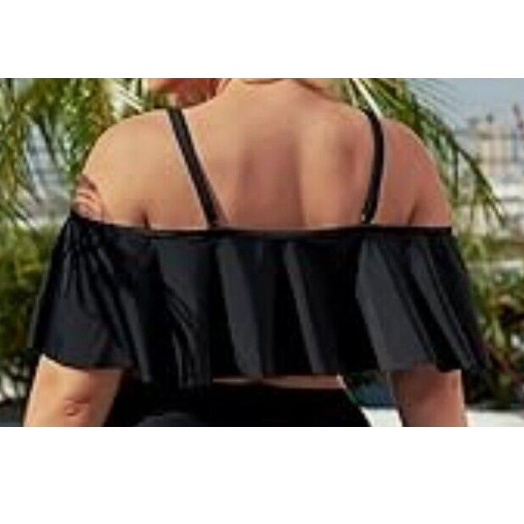 Daci Womens Plus Size XL Black Ruffle Off the Shoulder Lace Up Bikini Swim Top