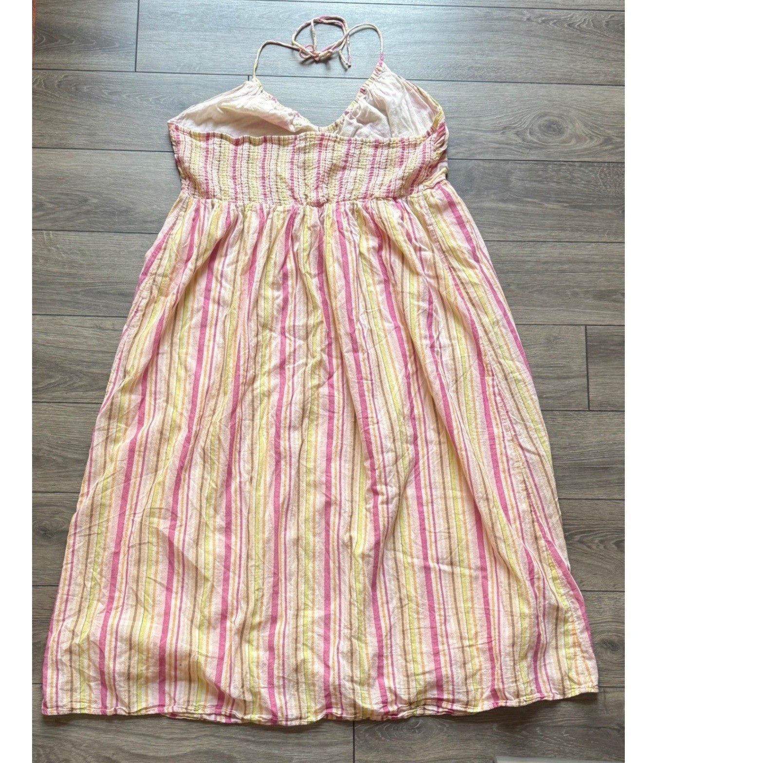 Old Navy XXL Pink Yellow Striped Halter Midi Sundress Smocked Cotton Lined 1166