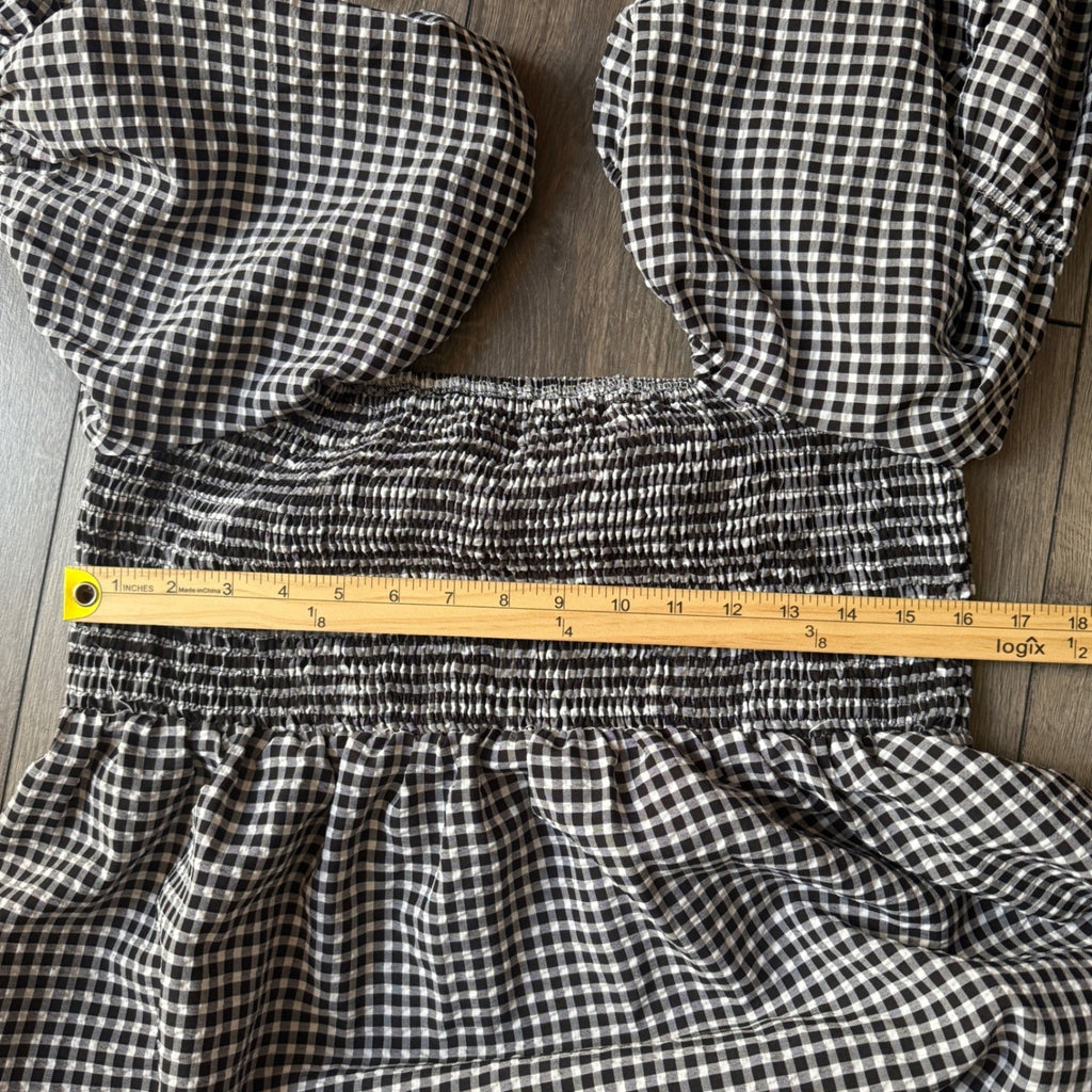 Atmos&Here Gingham Smocked Mini Dress Black White Square Neck Puff Sleeve