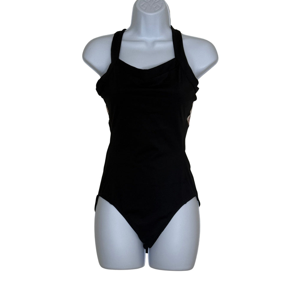 Black Floral Mesh Halter Neck One Piece Swimsuit Women's Size L
