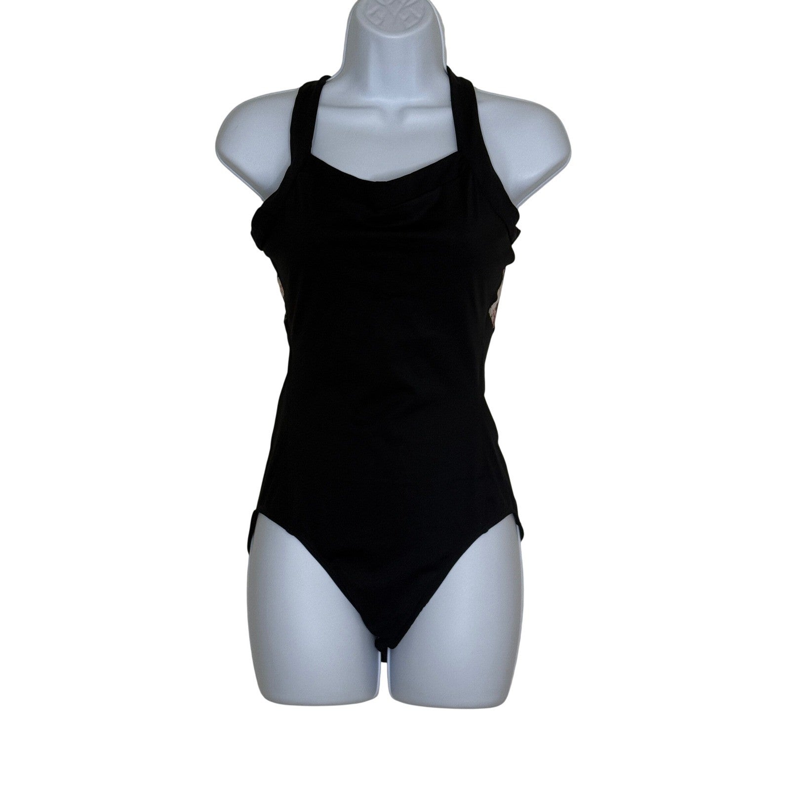 Black Floral Mesh Halter Neck One Piece Swimsuit Women's Size L