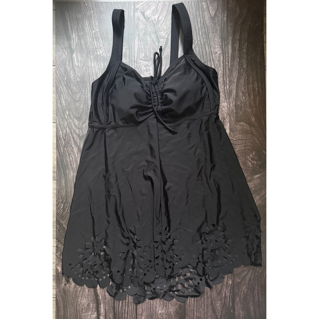 BloomChic Black Laser Cut Eyelet Swim Dress Adjustable Strap Padded US 10 NEW