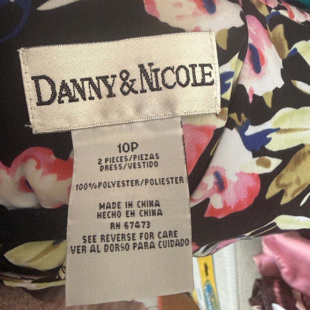 Danny & Nicole Womens 10P Black Pink Floral Midi A-Line Dress 10 Petite