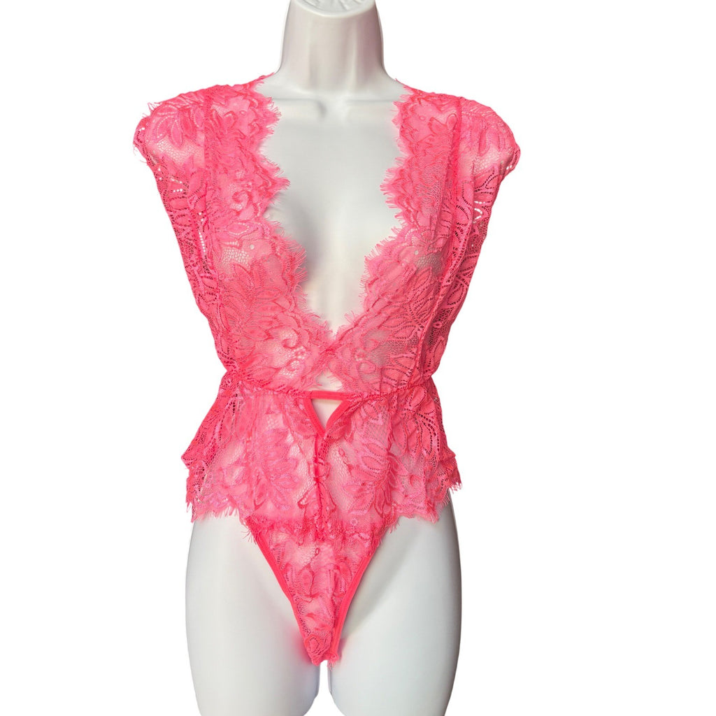 Avidlove Neon Pink Lace Bodysuit Teddy Lingerie Deep V Neck XL New
