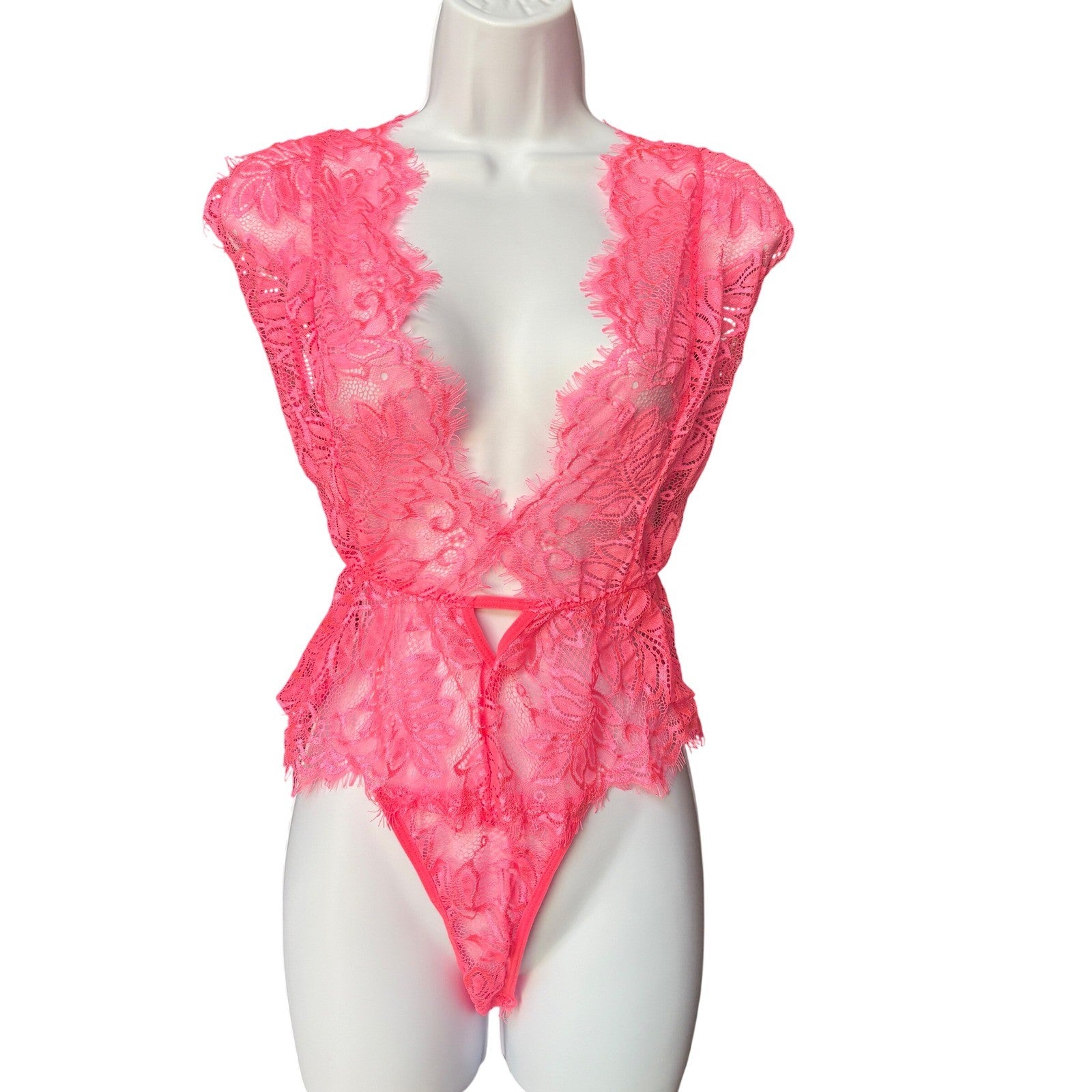 Avidlove Neon Pink Lace Bodysuit Teddy Lingerie Deep V Neck XL New