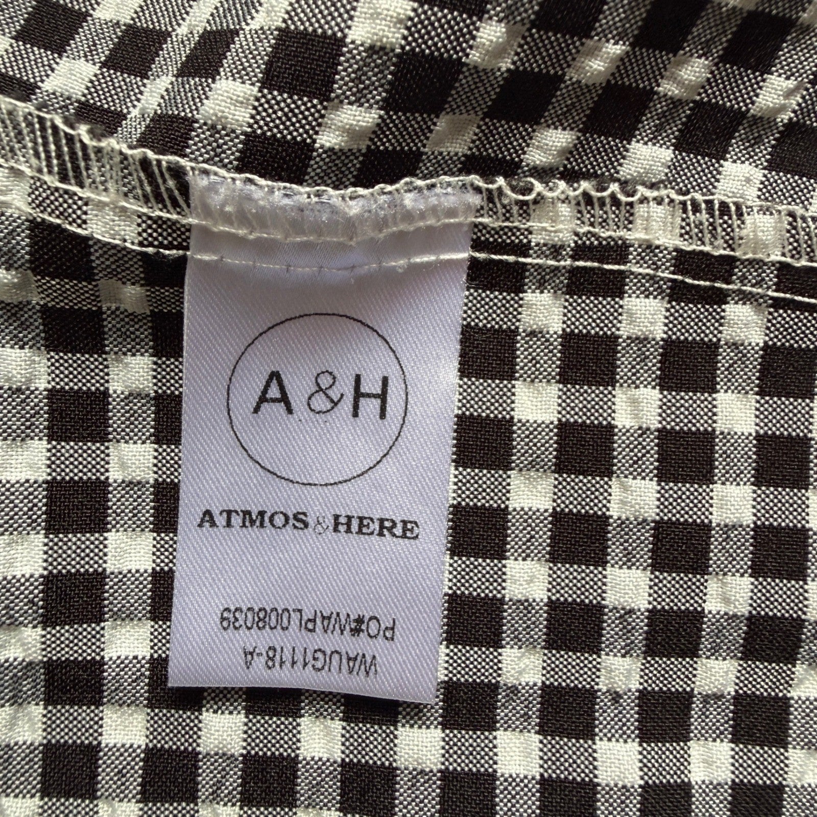 Atmos&Here Gingham Smocked Mini Dress Black White Square Neck Puff Sleeve