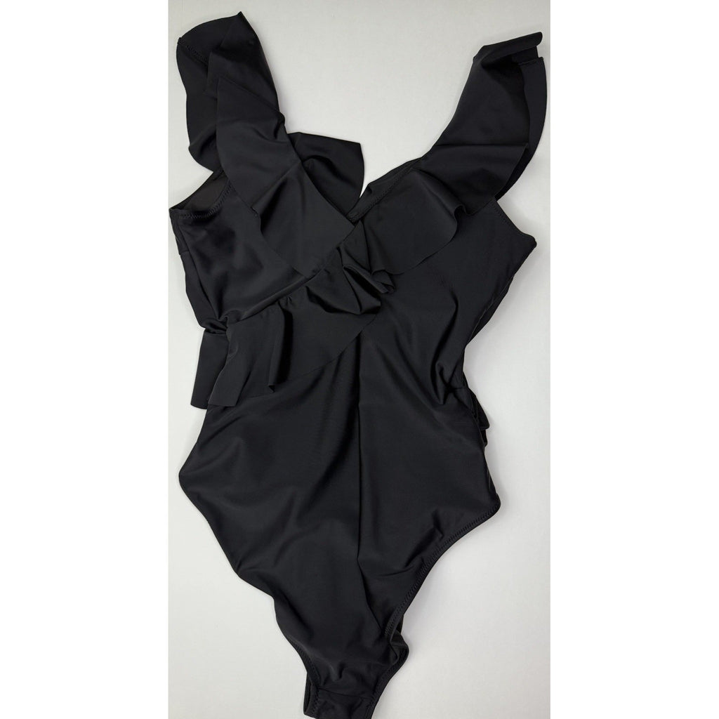 NWOT Womens Black One Piece Swimsuit Ruffle V Neck Ruched Tummy Control