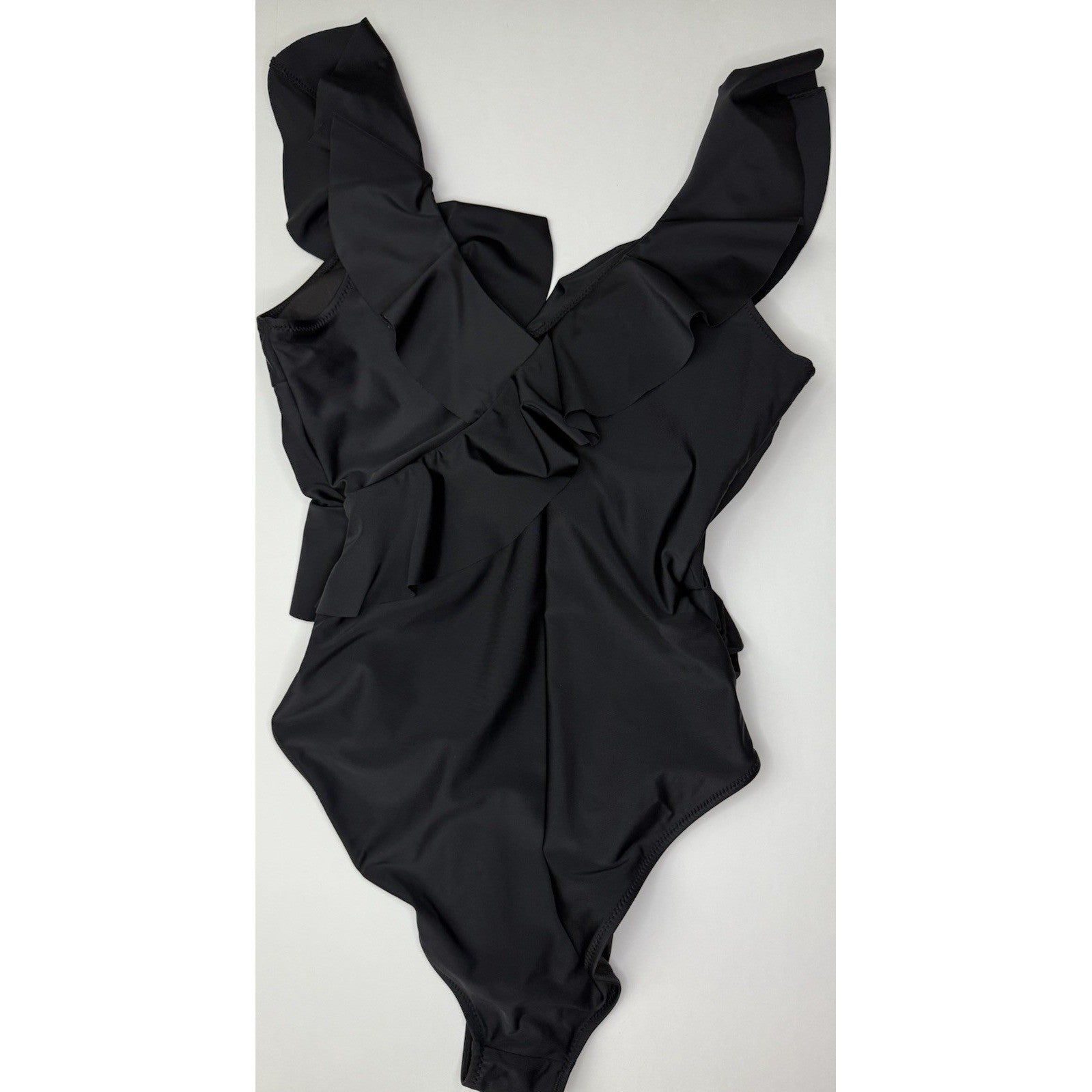 NWOT Womens Black One Piece Swimsuit Ruffle V Neck Ruched Tummy Control