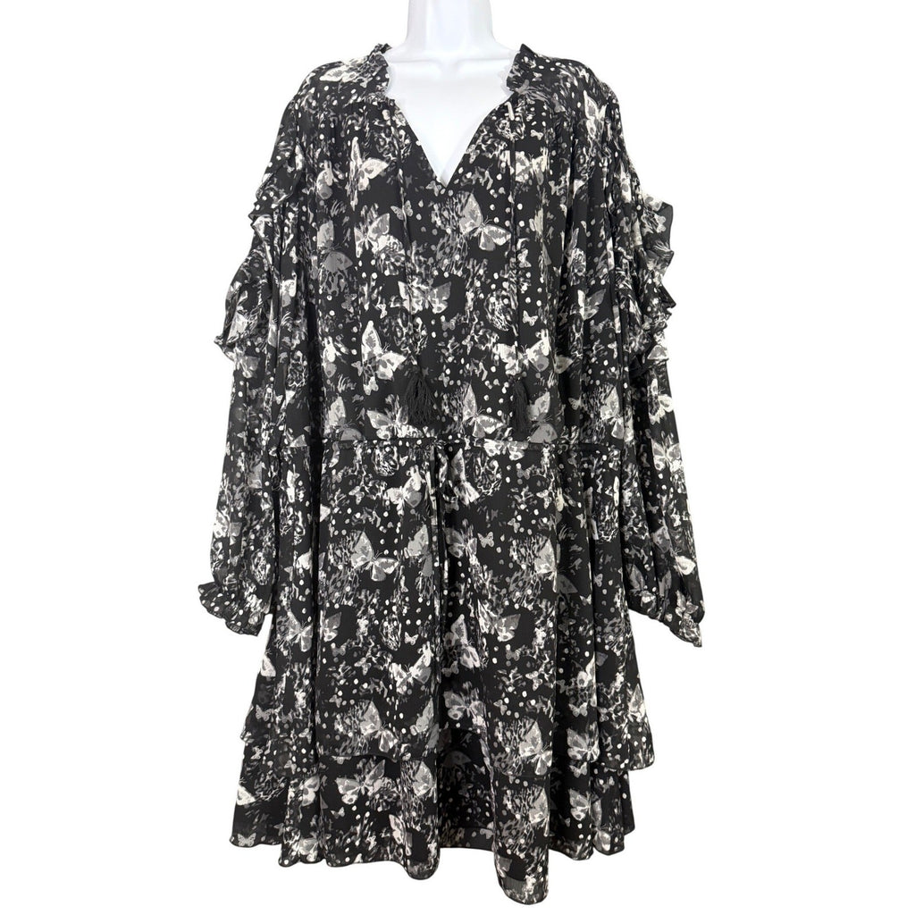 Cato Plus Size Black Butterfly Print Tiered Ruffle Dress 26 28W