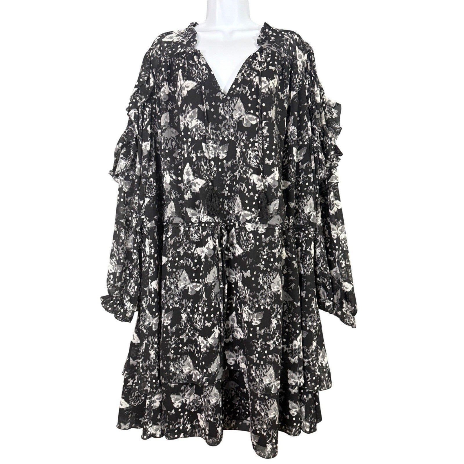 Cato Plus Size Black Butterfly Print Tiered Ruffle Dress 26 28W