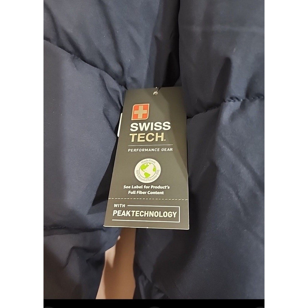 NWT Swiss Tech Mens Navy Blue Puffer Jacket Performance Gear Hooded Parka small