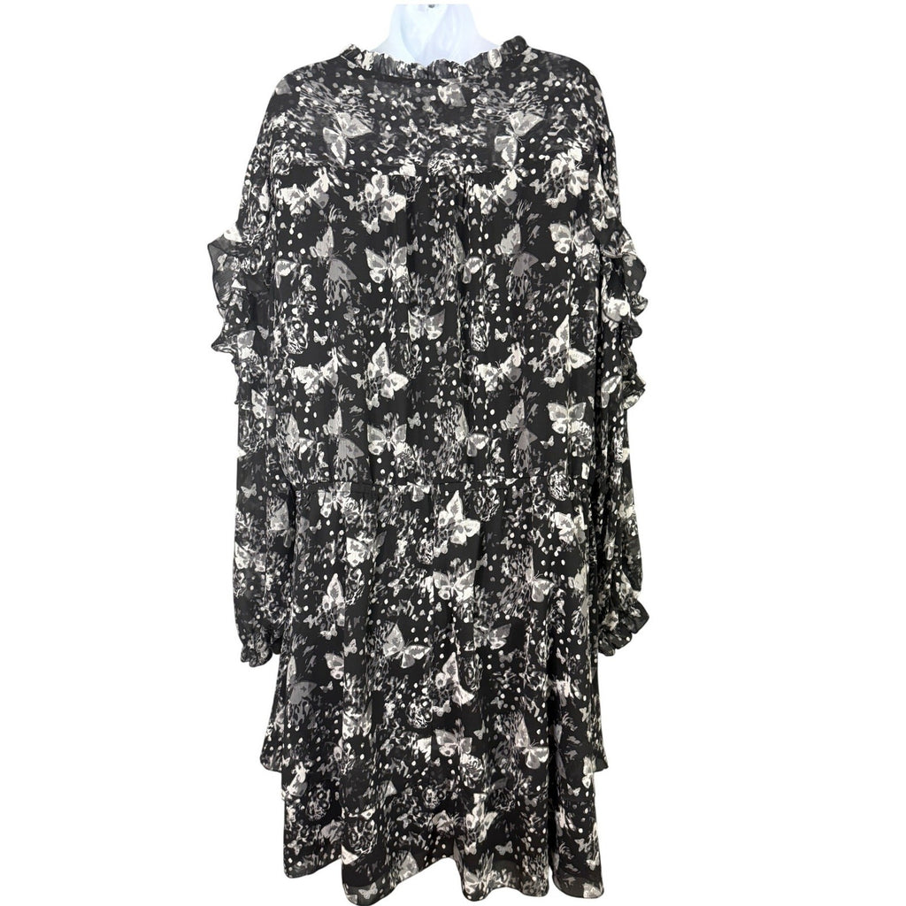 Cato Plus Size Black Butterfly Print Tiered Ruffle Dress 26 28W