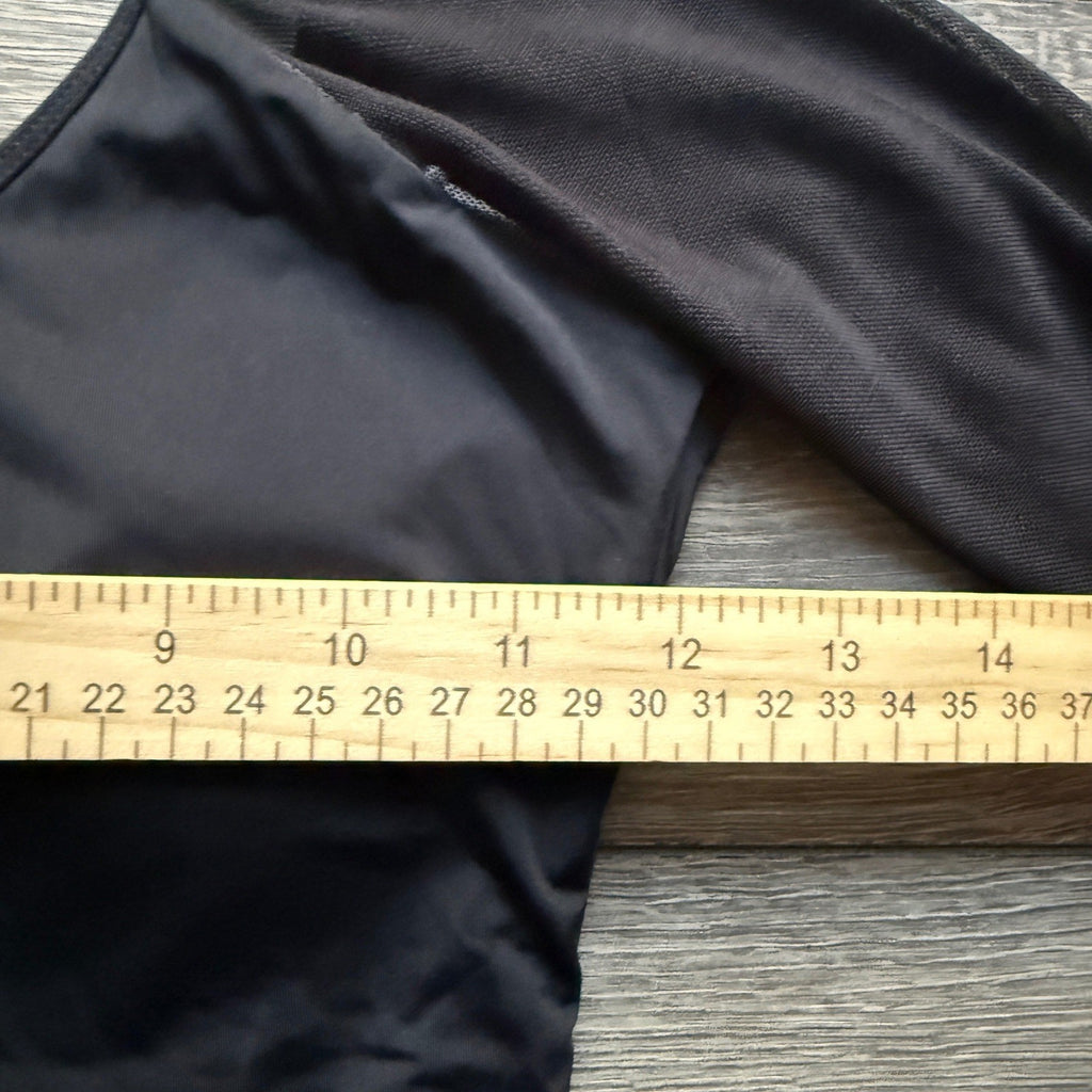Black Long Sleeve Dance Leotard Dress Mesh Skirt Padded V-Neck Performance Women