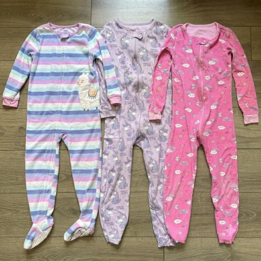 Lot of 3 Carters Childrens Place Girls Pajamas 5T Llama Unicorn Rainbow Sleepers