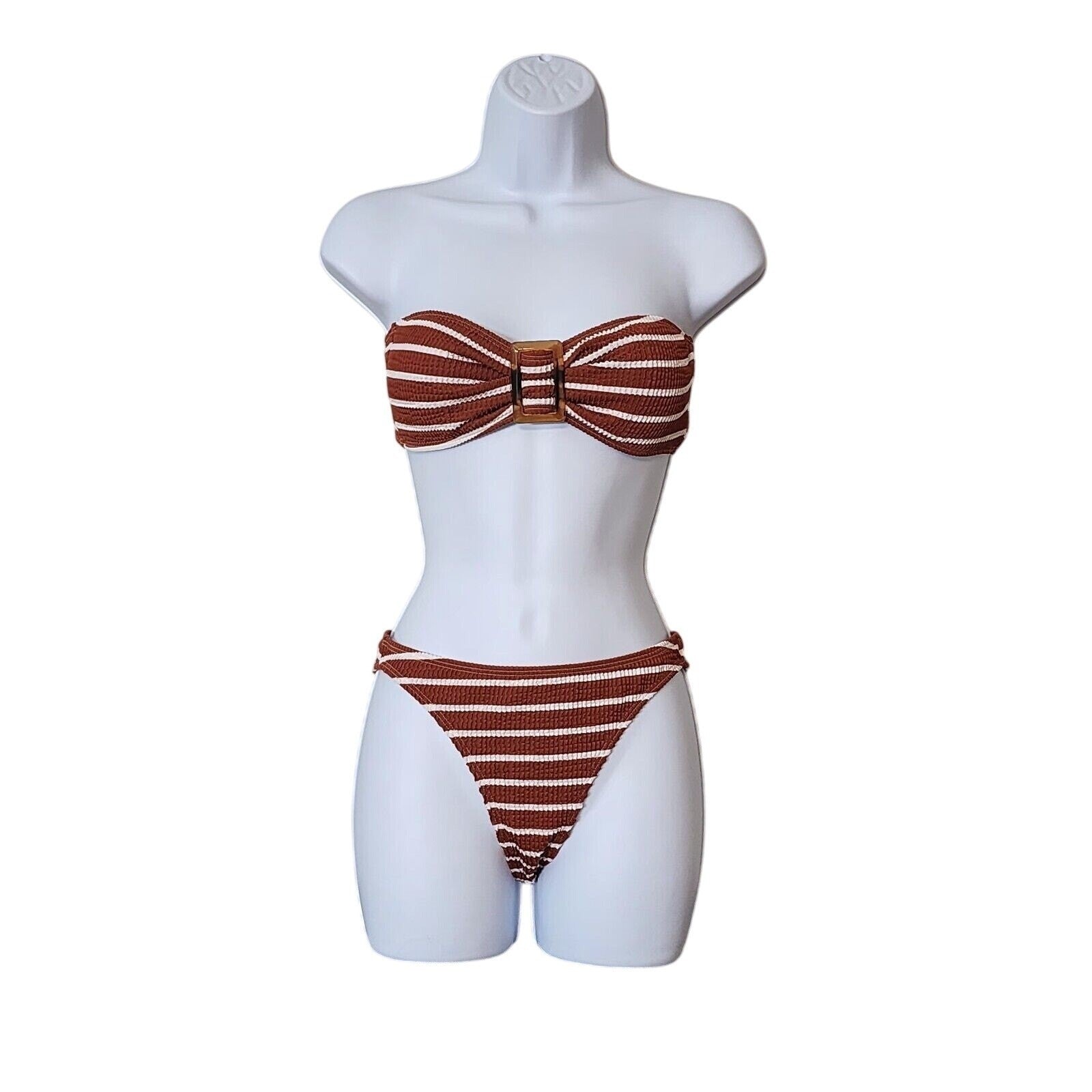 NWOT Striped Strapless Bikini Set Tan White Buckle Padded Womens Swimwear Size S