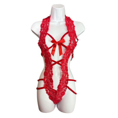 Avidlove Red Lace M Teddy Bodysuit Strappy Plunge Halter Lingerie Medium NWT
