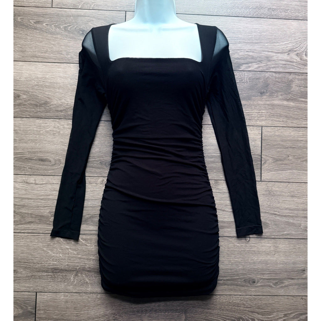 NWT Black Ruched Bodycon Mini Dress Sheer Mesh Long Sleeve Square Neck XS