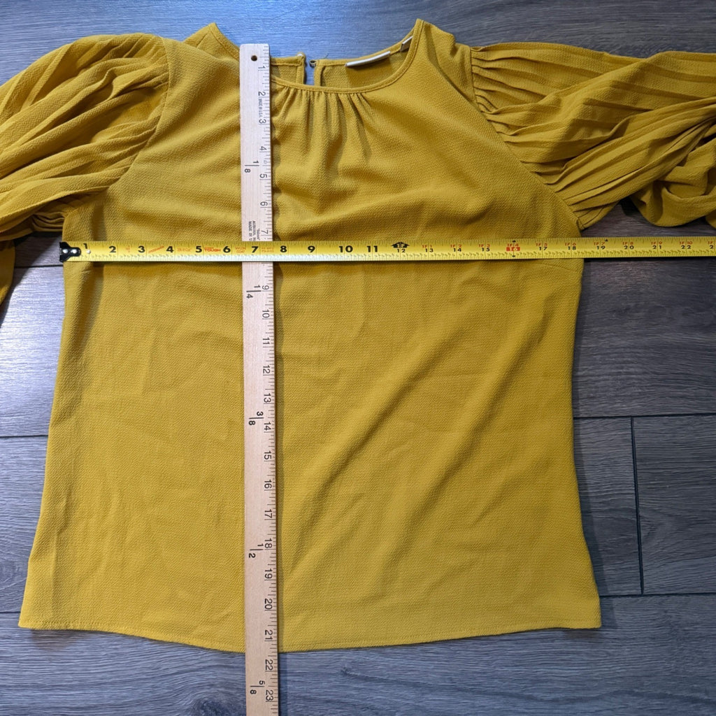Eva Mendes NY&Co Mustard Yellow Pleated Puff Sleeve Blouse XS VN130007