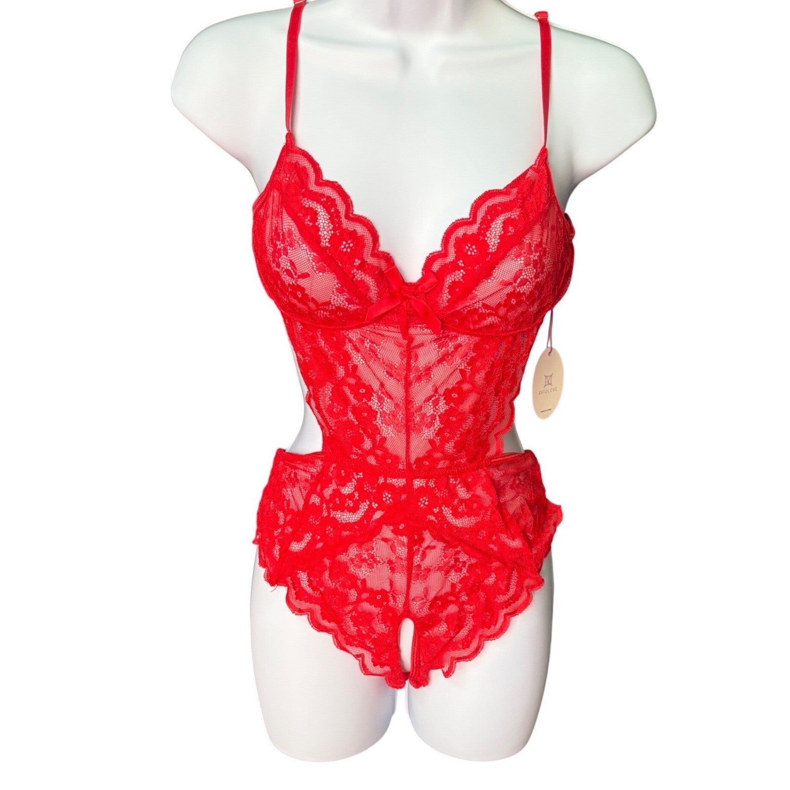 Avidlove Red Lace Teddy Bodysuit Floral Cutout Lingerie Small NWT