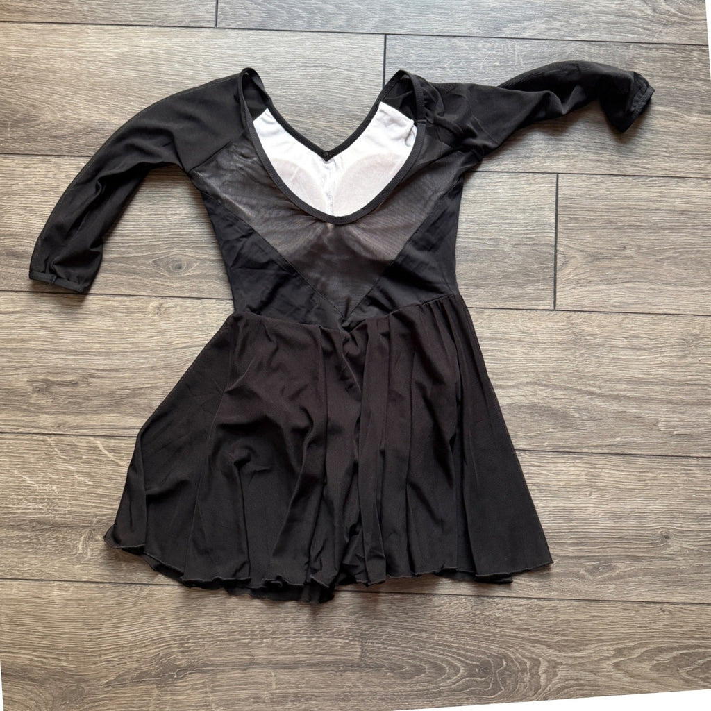 Black Long Sleeve Dance Leotard Dress Mesh Skirt Padded V-Neck Performance Women