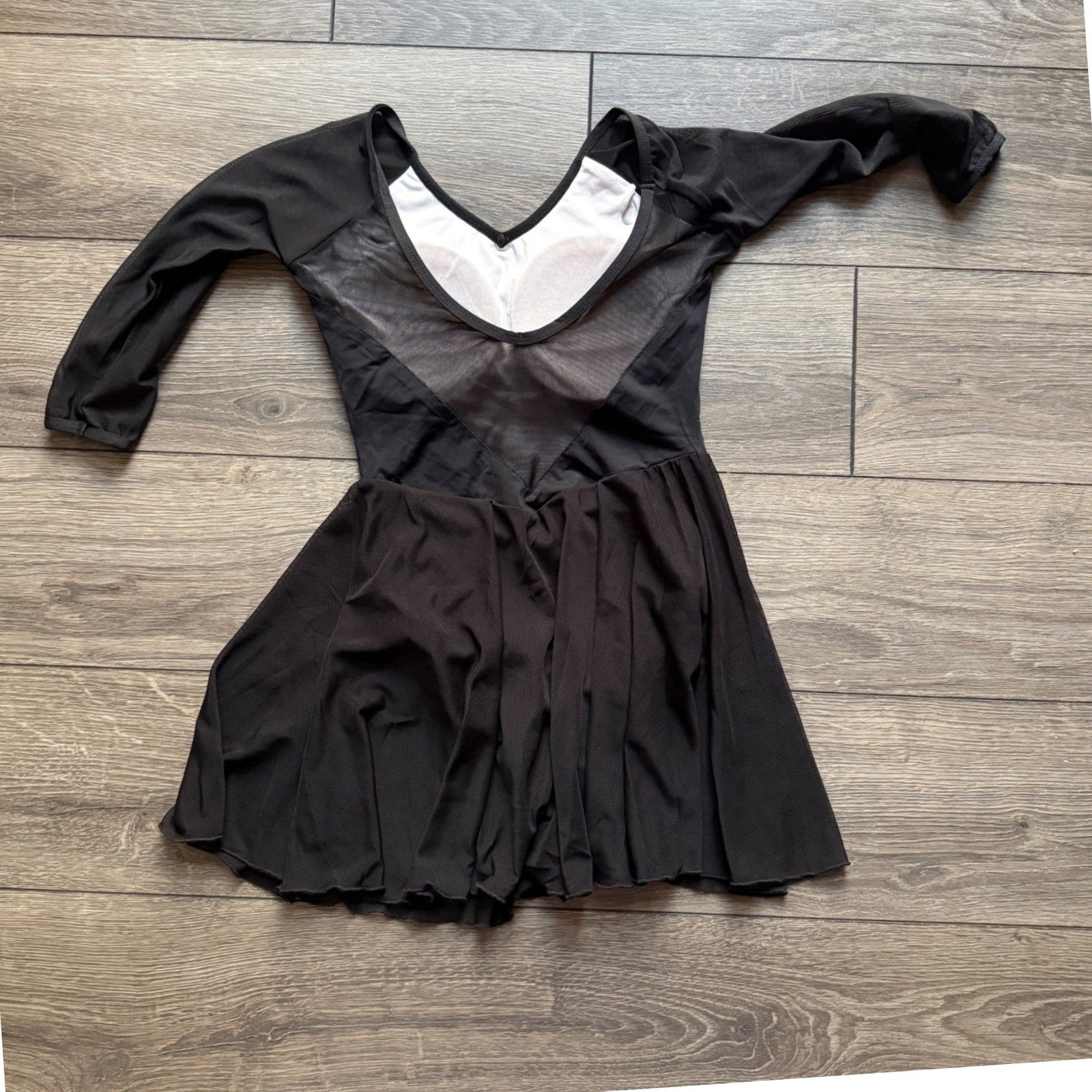 Black Long Sleeve Dance Leotard Dress Mesh Skirt Padded V-Neck Performance Women