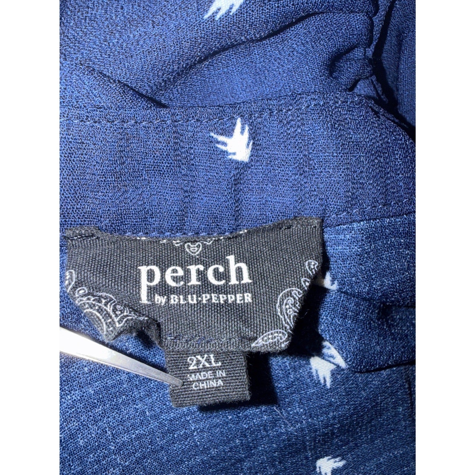 Perch by Blu Pepper Navy Blue Bird Print Half Zip Blouse Top Womens Size 2XL