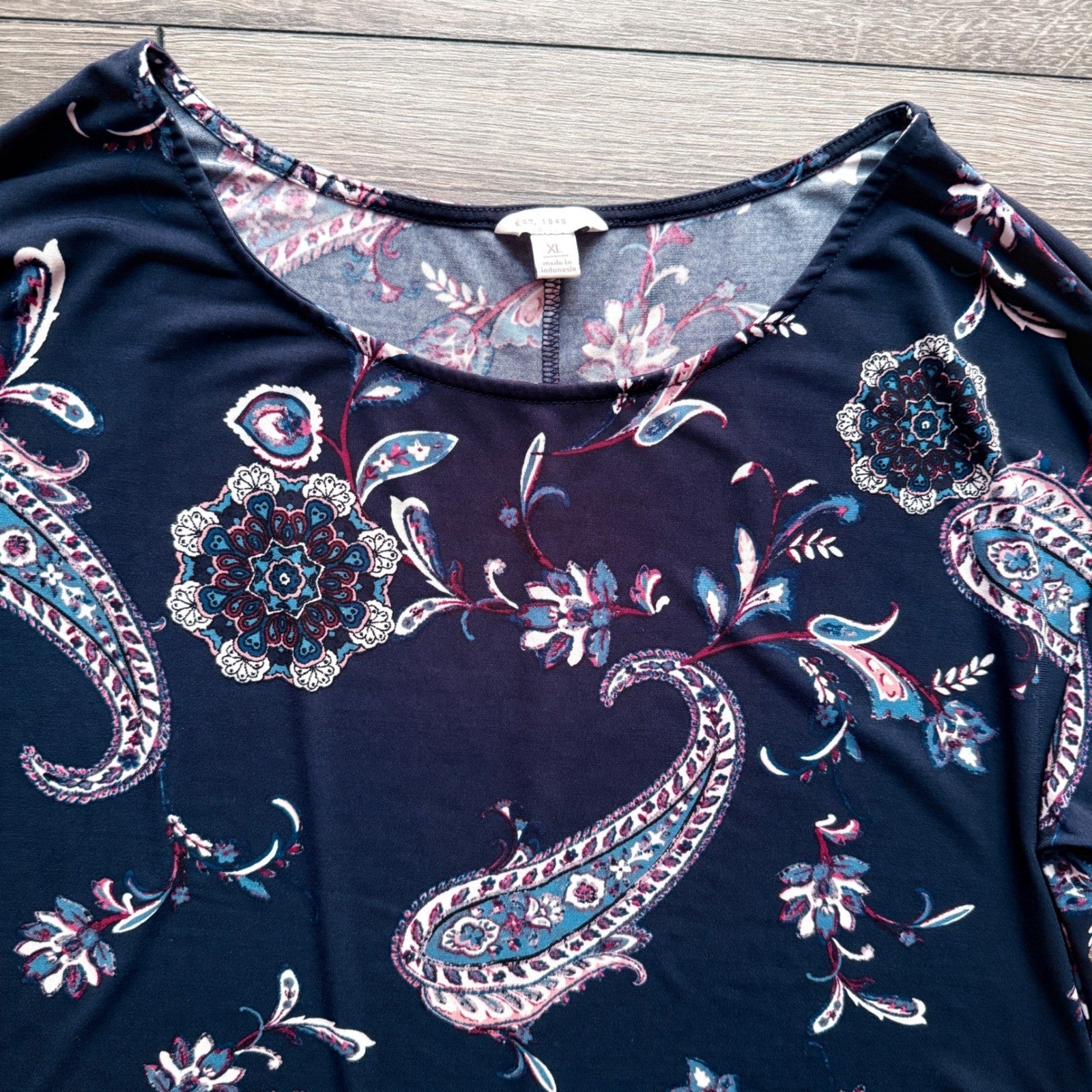 Womens EST. 1946 CATO XL Navy Blue Paisley Floral Ruched Sleeve Shift Dress