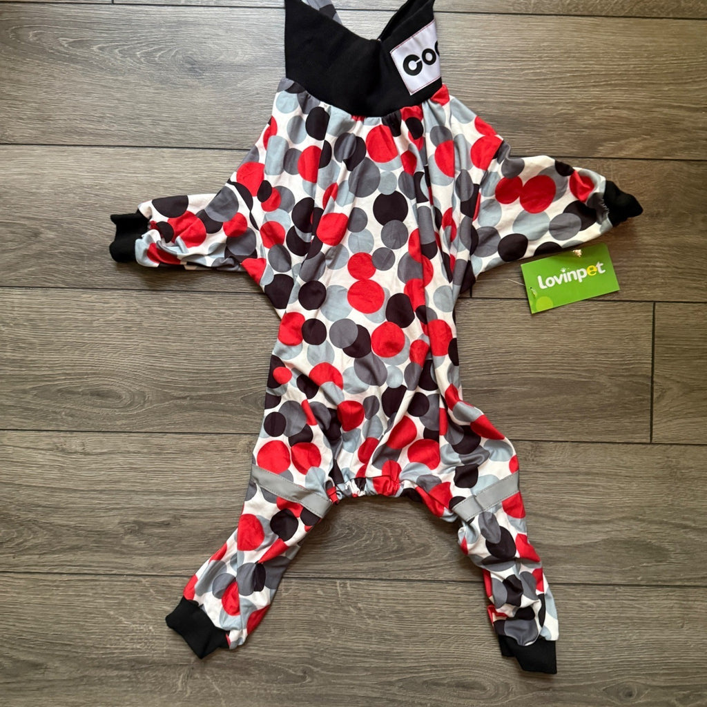 Lovinpet Dog Pajamas Large Red Grey Black Polka Dot Full Body jumpsuit NWT