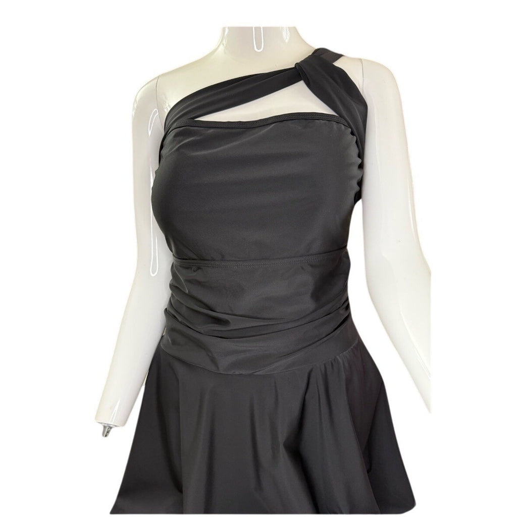 NWOT Womens Black One Shoulder Ruched Skirted Swim Dress One Piece Swimsuit xl
